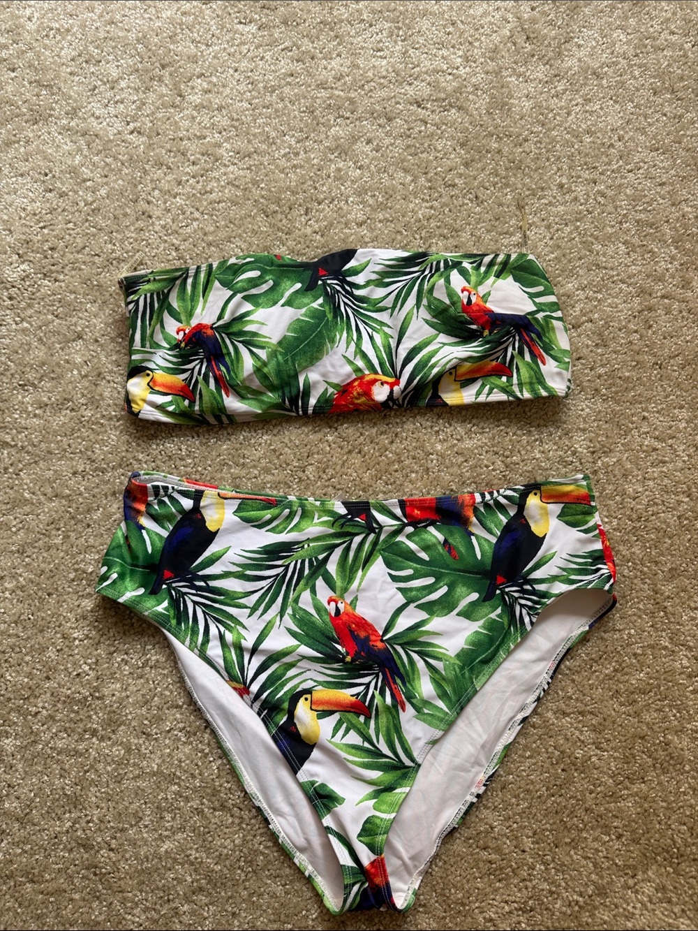 Tropical Parrot Print Bandeau Bikini Set - Green & White